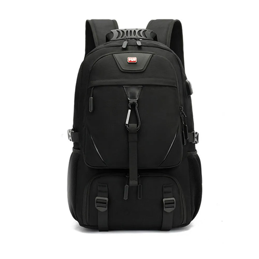 Black Fitlybuy Tech Trek Pro backpack with front carabiner, multiple compartments, and side USB charging port.