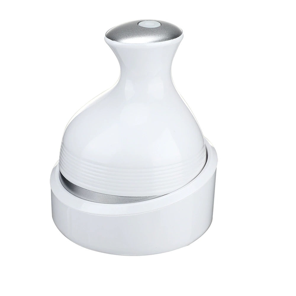 Fitlybuy white waterproof wireless scalp head massager with a silver top, shown in its charging base against white.