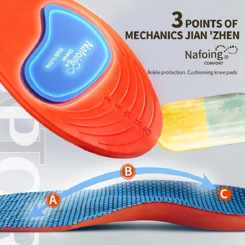 Fitlybuy orange and blue orthopedic sports insoles with ComfortFlex arch support and 3-point mechanics design.