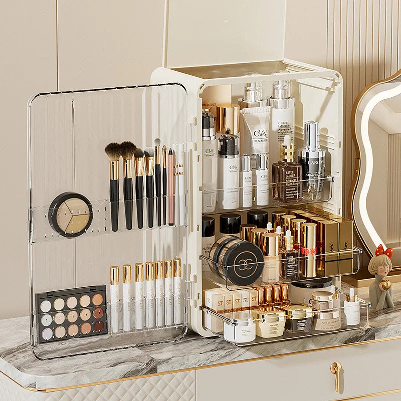 Cream-colored Fitlybuy Luxo makeup organizer with clear magnetic door, filled with cosmetics on a vanity.