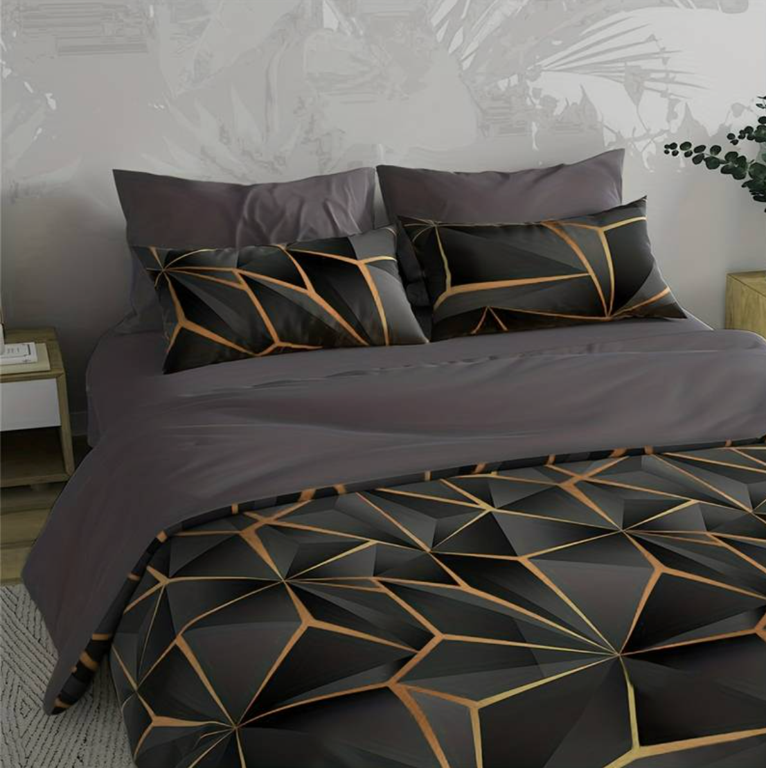 Fitlybuy Hilton luxury duvet set in black and gold geometric print with solid grey bedding on a made bed.