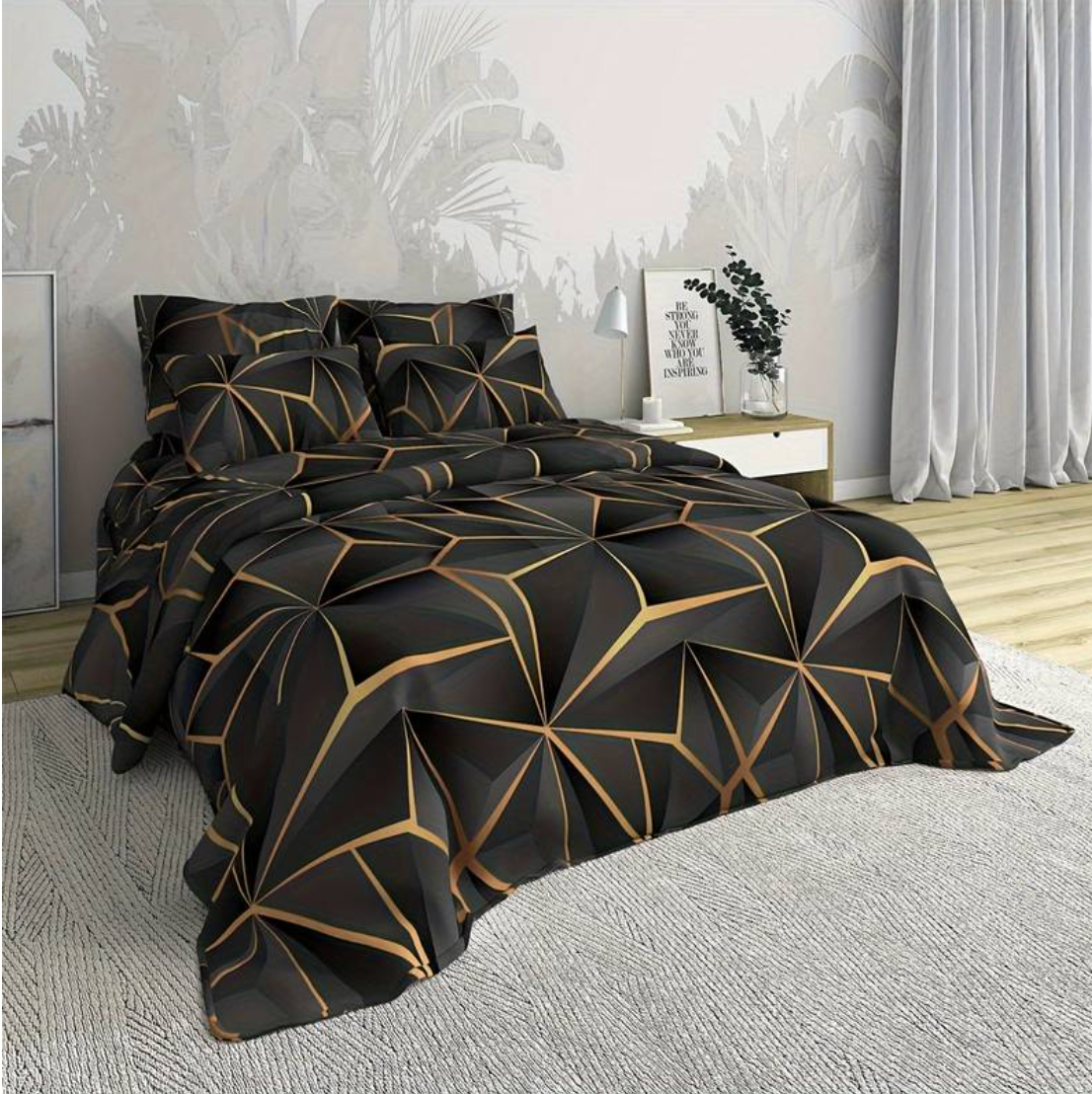 Fitlybuy Hilton quilt set: black and gold geometric patterned duvet and pillowcases on a bed in a modern bedroom.