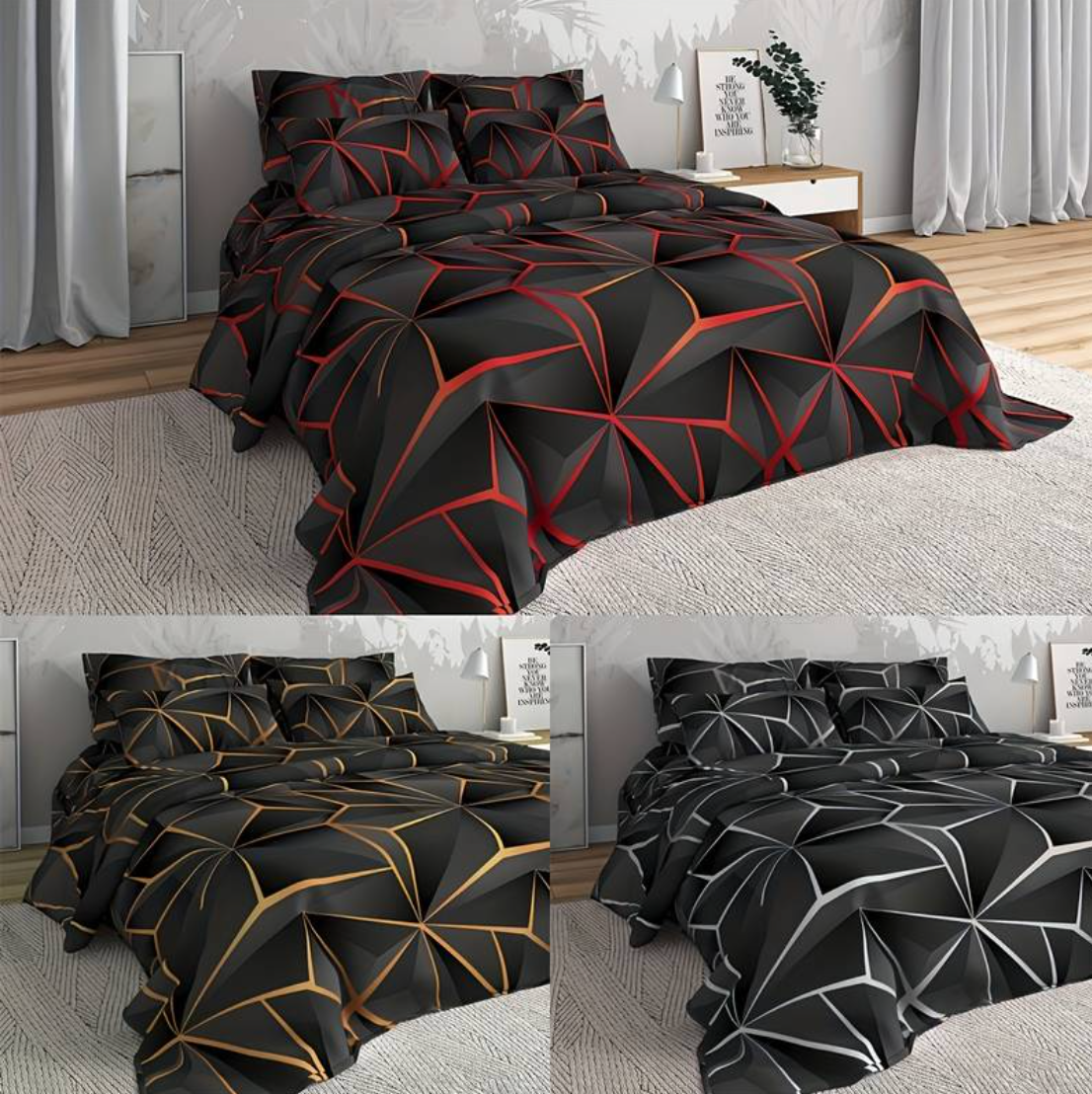 Fitlybuy Hilton quilt set: three beds featuring black duvets with red, gold, or silver geometric prism patterns.