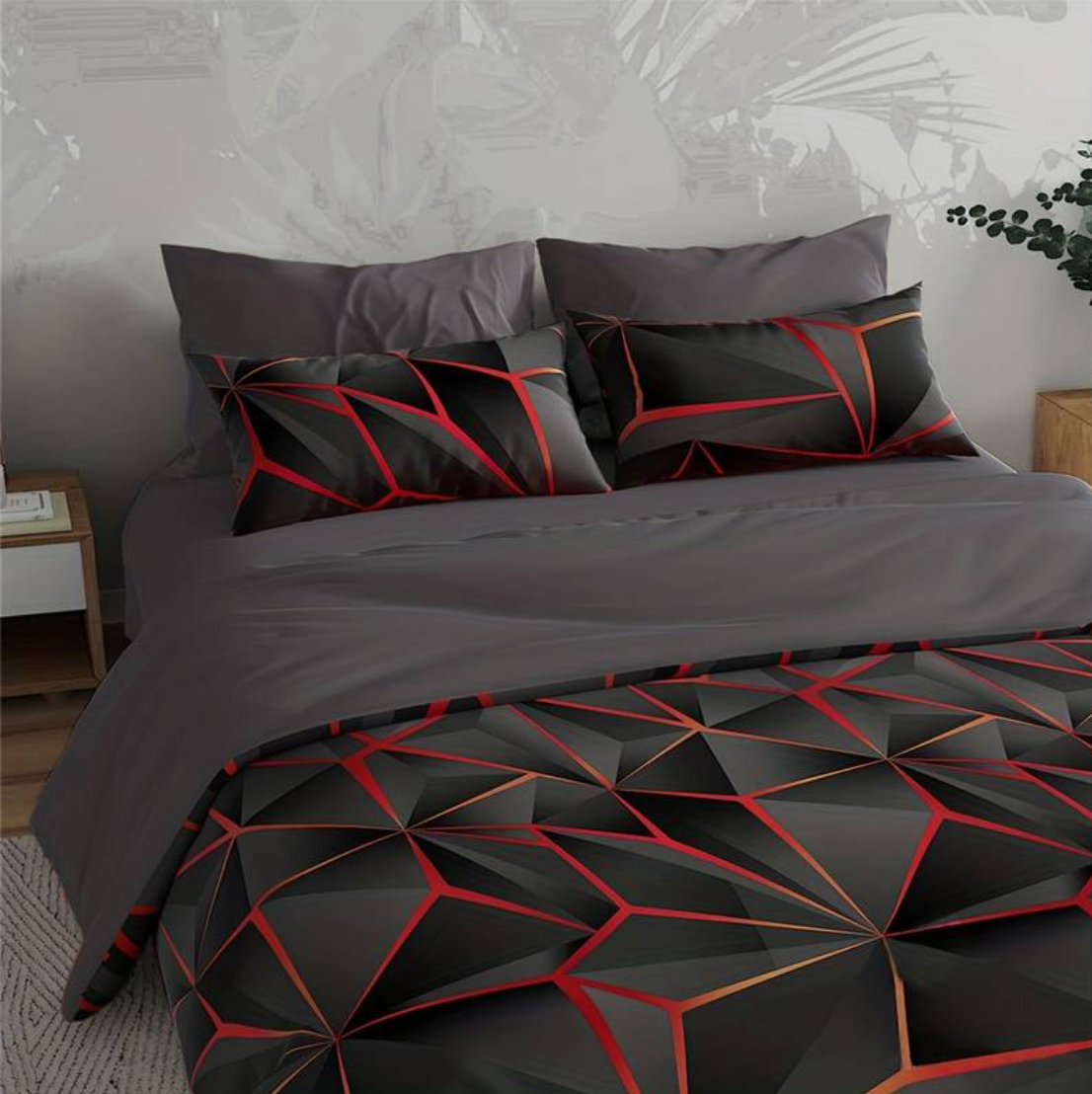 Fitlybuy Hilton quilt set: gray bedding with a geometric black and red triangle pattern on a modern bedroom bed.