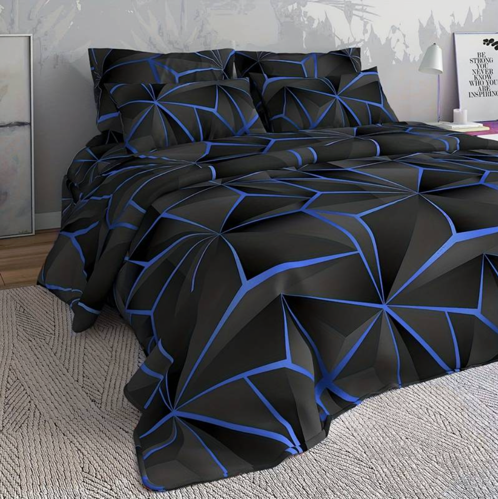 Fitlybuy Hilton quilt set on a made bed, featuring a black and blue geometric pattern in a modern bedroom setting.