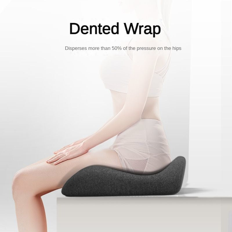 Dark gray Fitlybuy ergonomic sciatica relief seat cushion, contoured for hip pressure support while a person is seated.