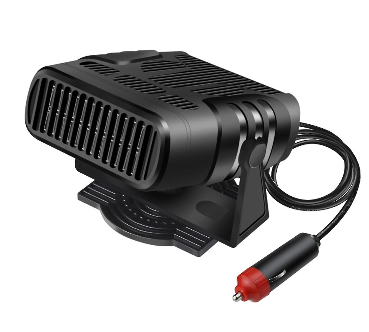 Fitlybuy 12V portable black car heater and defroster with 360° rotating base and cigarette lighter power plug.