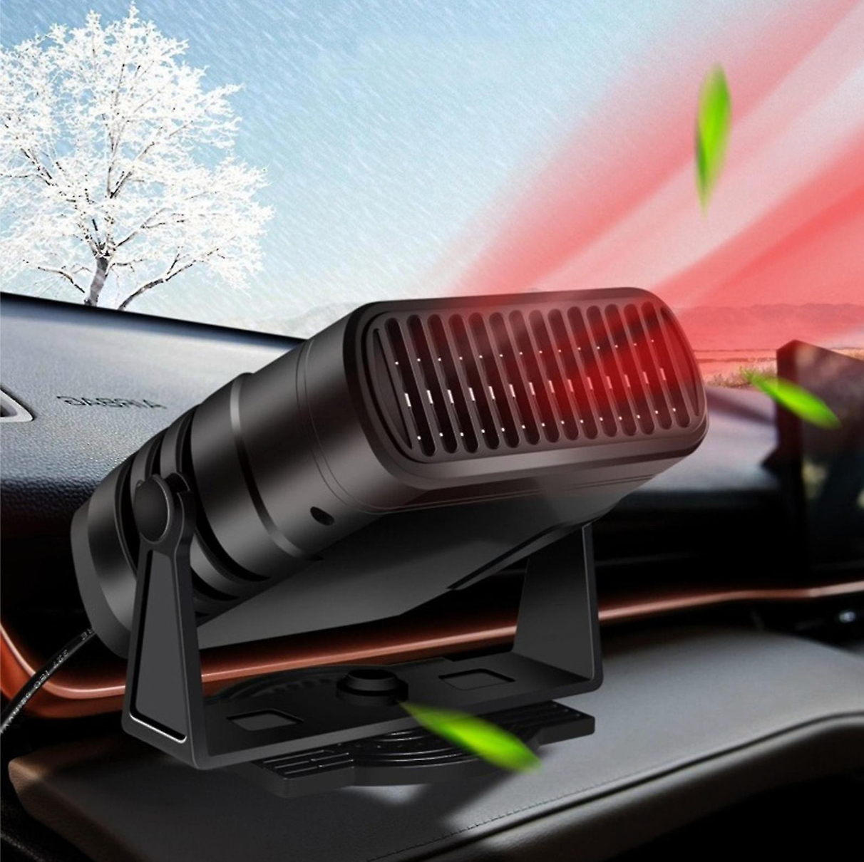 Black Fitlybuy 12V portable car heater/defroster on a dashboard with 360° rotation, emitting heat against winter scenery.
