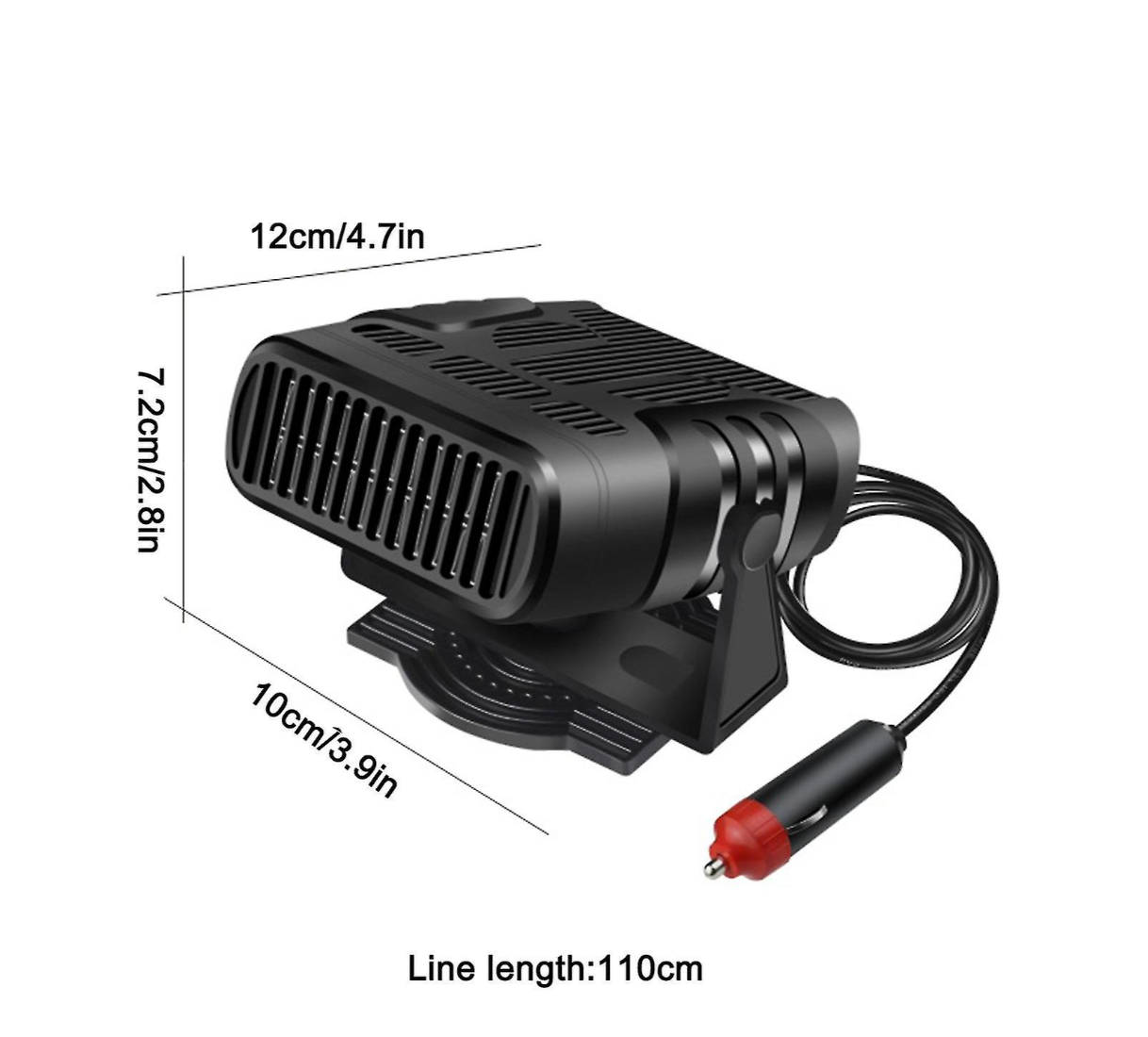 Black portable 12V car heater/defroster with 360° rotating base, 12cm width, and 110cm cigarette lighter power cable.