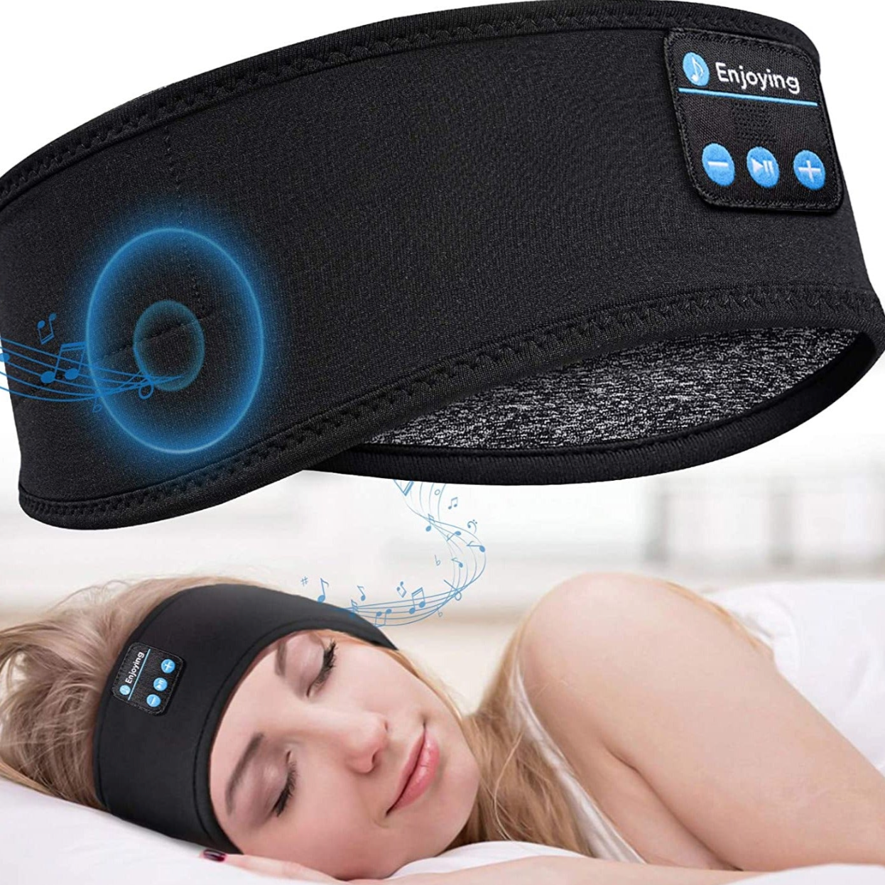 Black Fitlybuy Bluetooth sleep headphones headband with built-in control buttons, worn by a woman sleeping in bed.