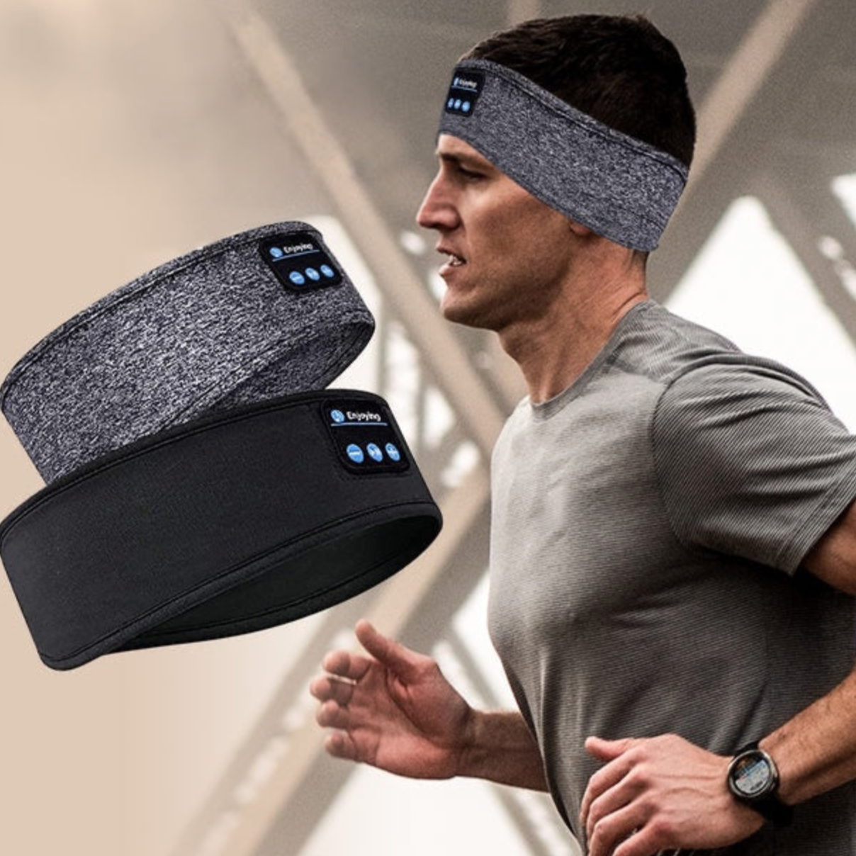 Man wearing a grey Bluetooth sleep headband while running, alongside black and grey headphone headbands with controls.
