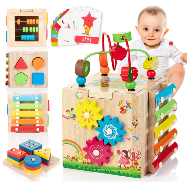 Fitlybuy 8-in-1 wooden activity cube with colorful gears, bead maze, xylophone, and sorting blocks for toddler play.