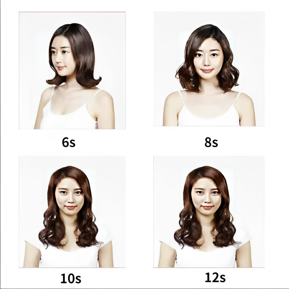 Fitlybuy Amara wireless curling iron results showing different curl intensities from 6 to 12 seconds of styling time.
