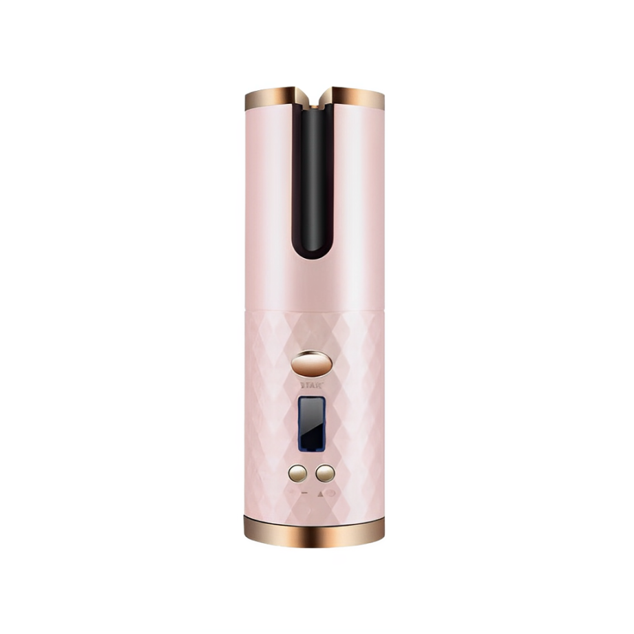 Fitlybuy Amara rose gold wireless automatic curling iron with a digital display and textured grip on a white background.