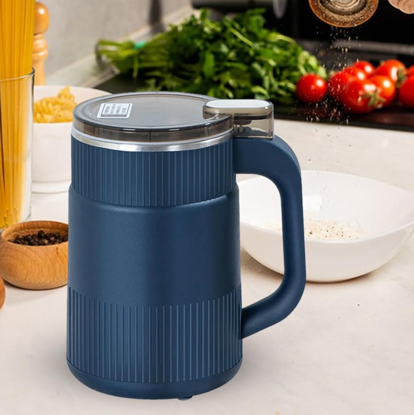 Fitlybuy blue electric grain mill with ribbed texture and clear lid, displayed on a kitchen counter.