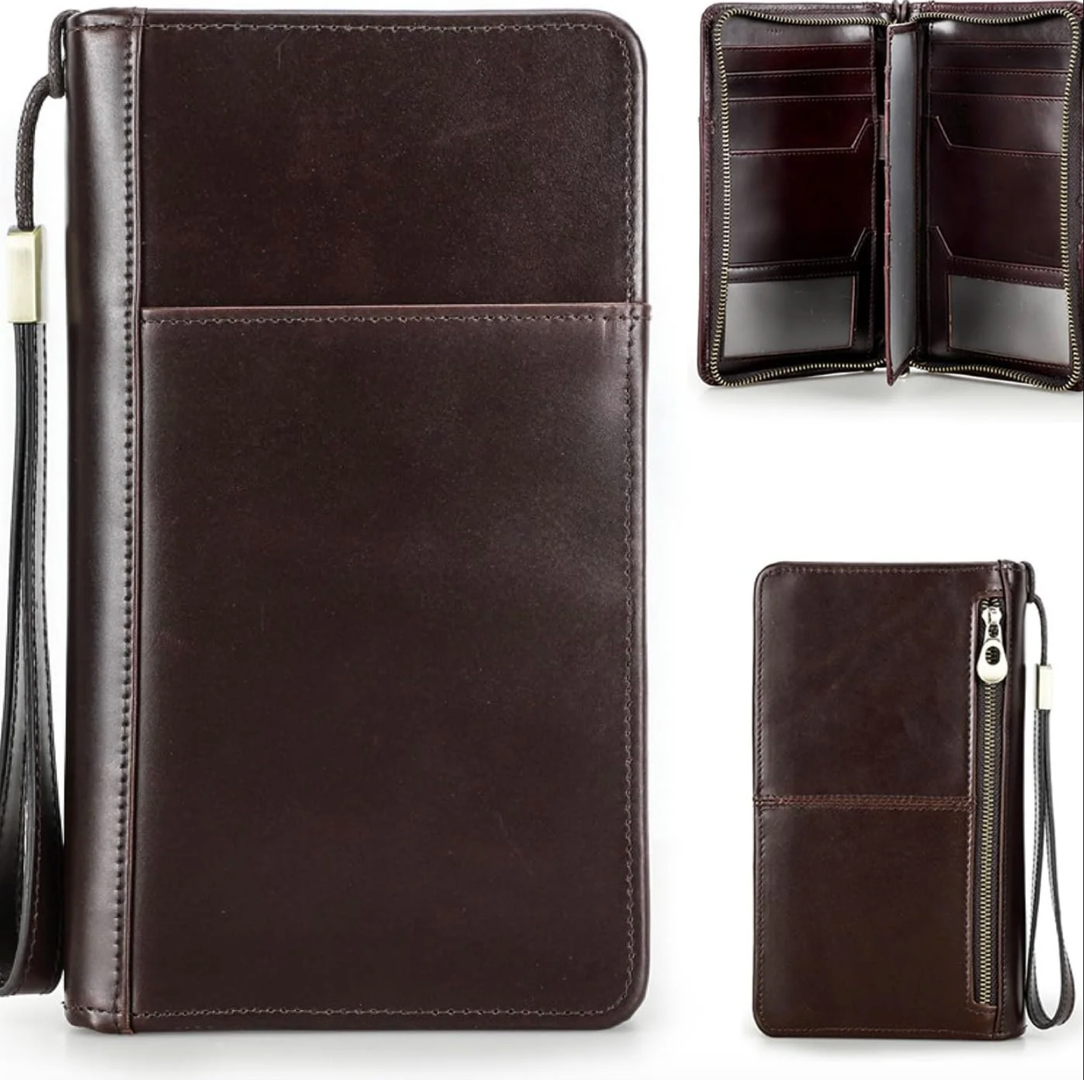 Fitlybuy dark brown top grain leather RFID passport holder with wrist strap, internal card slots, and zippered pocket.