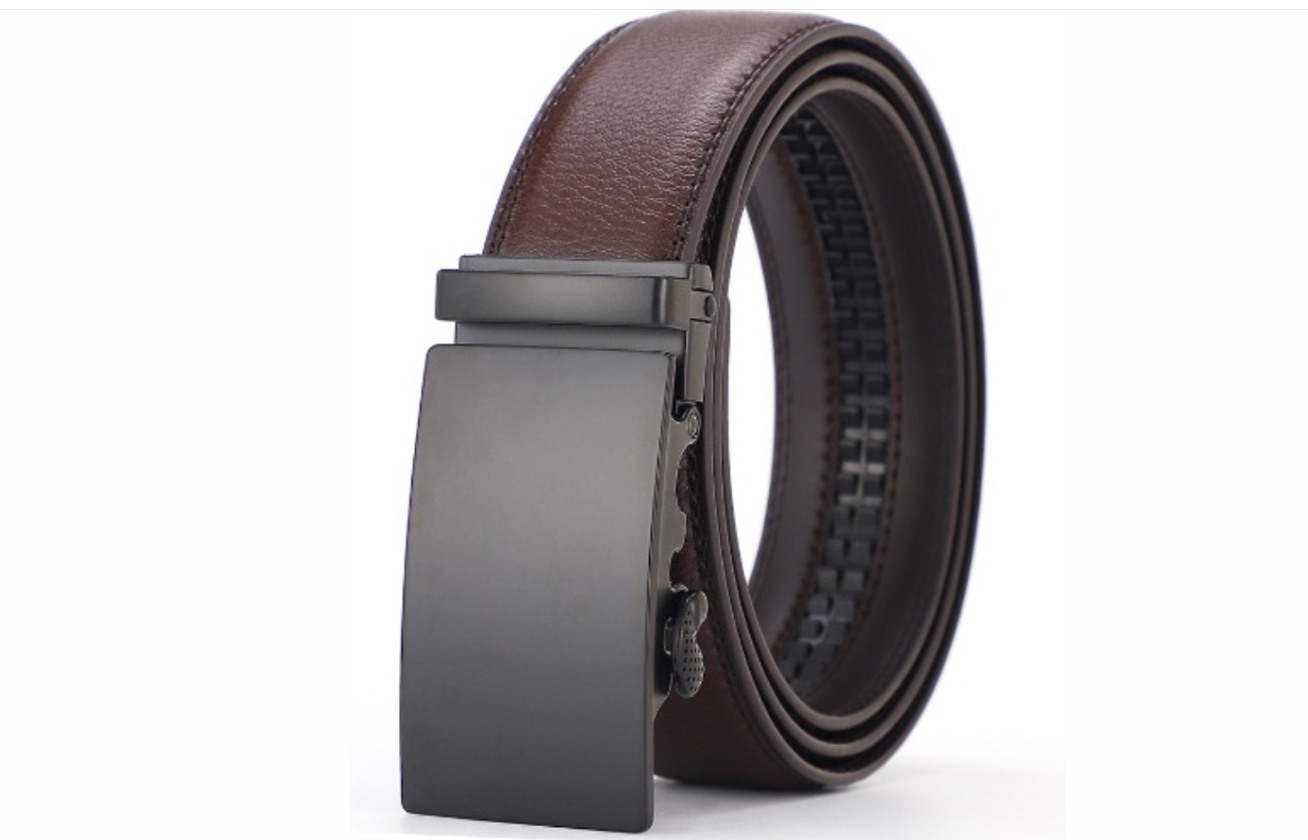 Fitlybuy brown PU leather men's belt featuring a sleek, matte black automatic locking buckle against a white background.