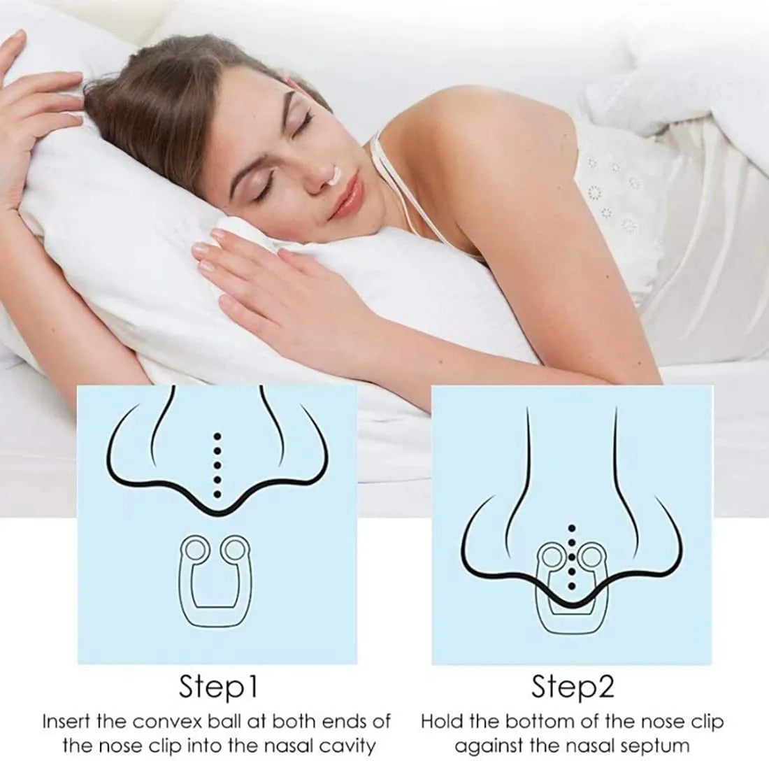 Woman sleeping wearing a clear Fitlybuy anti-snoring magnetic nose clip, with instruction diagrams on proper insertion.