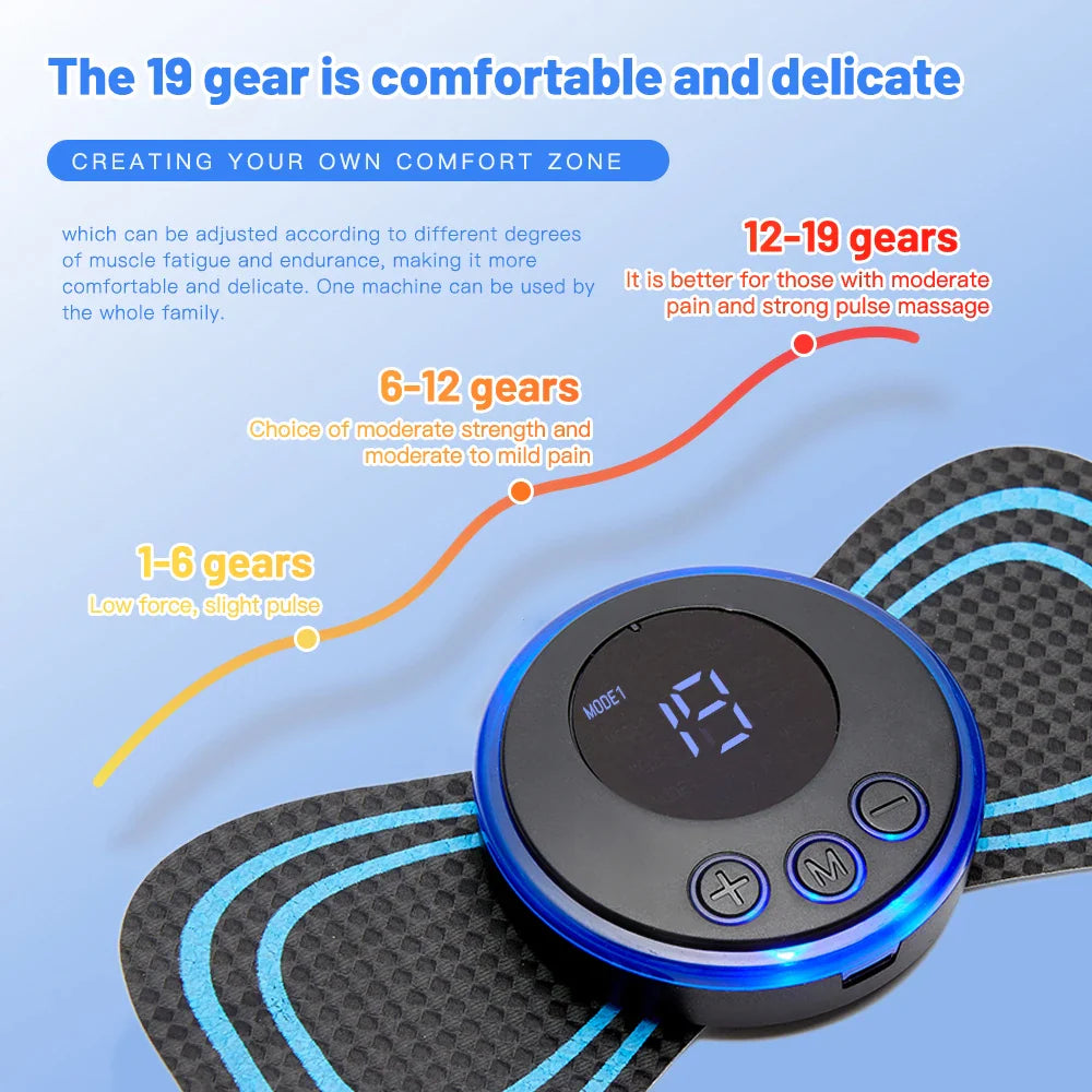 Fitlybuy EMS pulse neck massager, black and blue circular device with 19 intensity settings, displayed on a diagram.