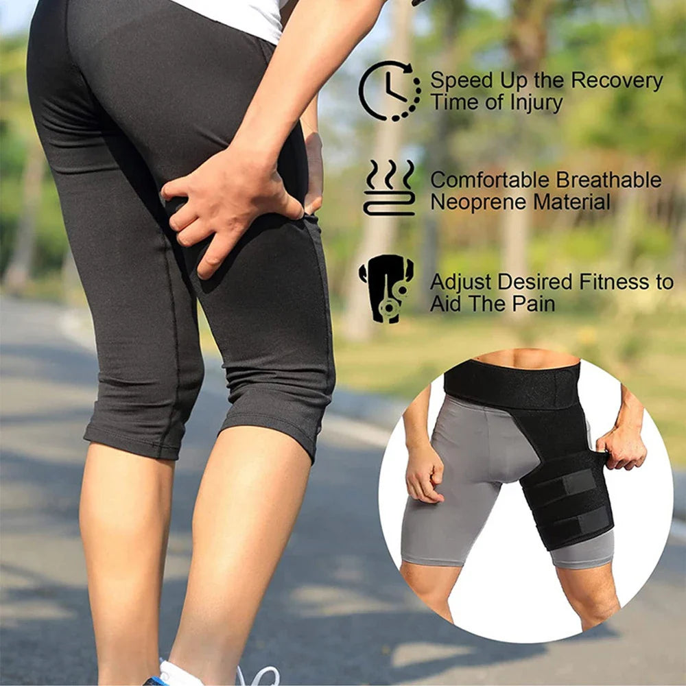 Fitlybuy black hip and thigh compression sleeve with adjustable straps for recovery and pain relief.