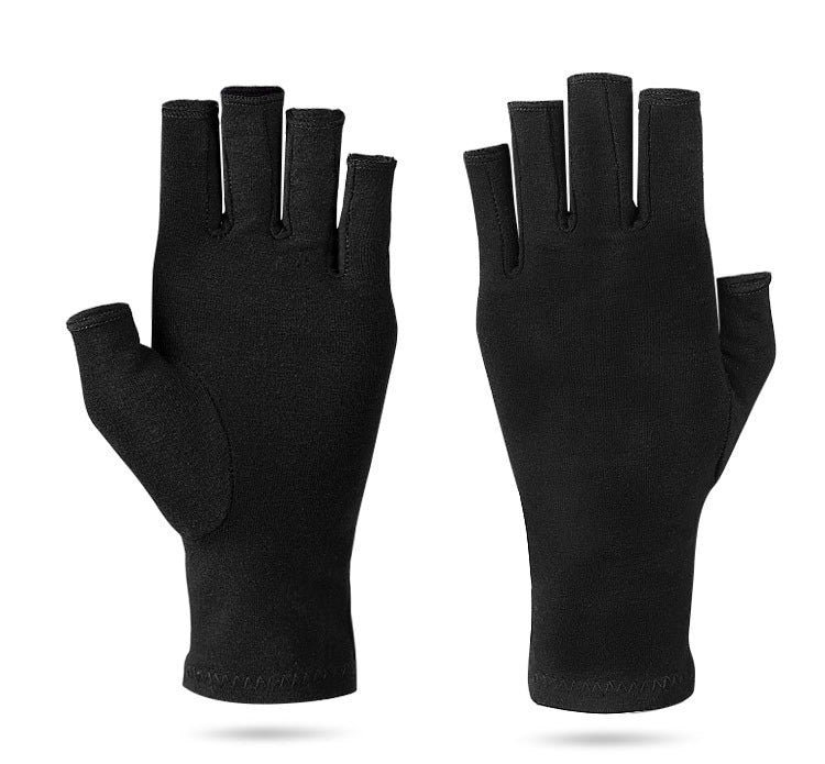 Pair of black, fingerless Fitlybuy therapeutic compression gloves designed for warmth and joint support.