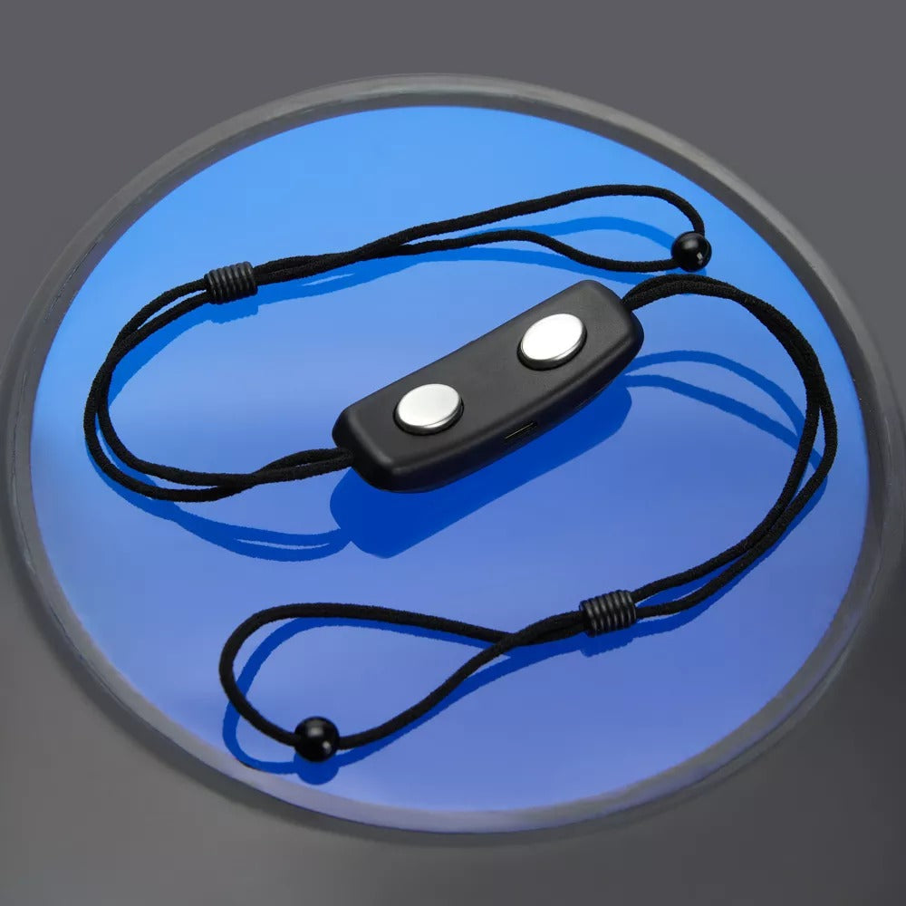 Fitlybuy black smart anti-snoring device with two silver contact points and adjustable black cord on a blue background.