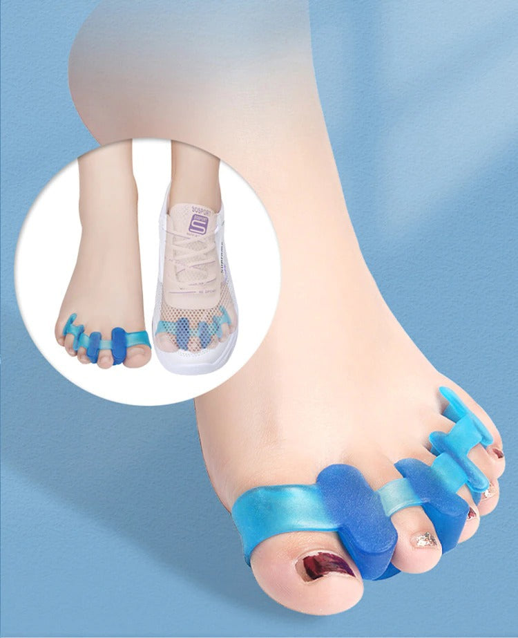 Blue silicone toe separators on bare feet and inside a white mesh sneaker for posture alignment.