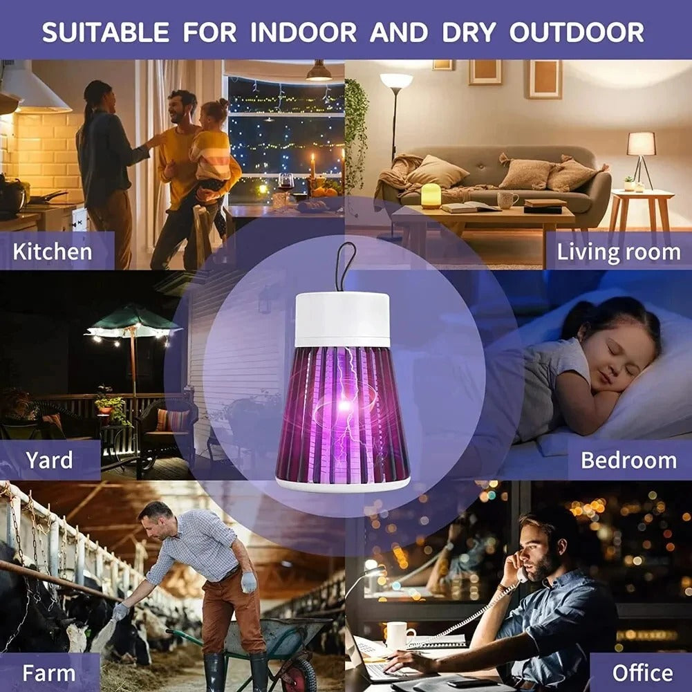 Fitlybuy Mosquito Trap Lamp with purple UV light, shown in various indoor and dry outdoor settings.