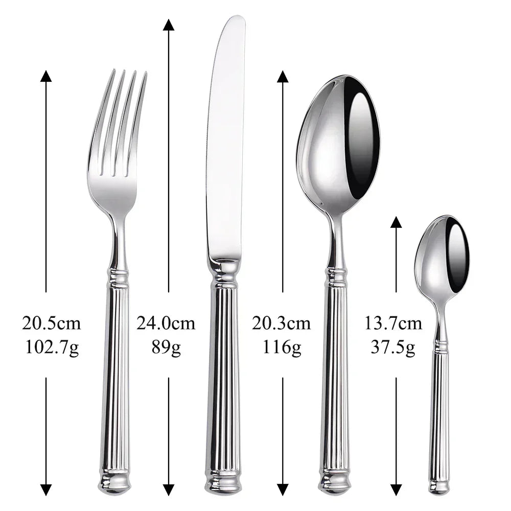 Fitlybuy stainless steel cutlery set with mirror finish, showing dimensions and weights for fork, knife, and spoons.
