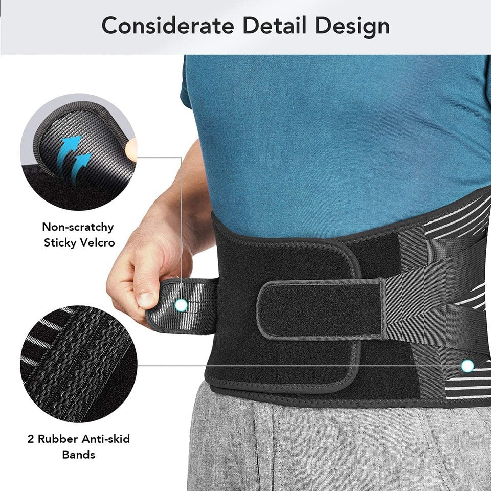 Fitlybuy black lumbar support brace with anti-skid bands and velcro fasteners worn around the waist.