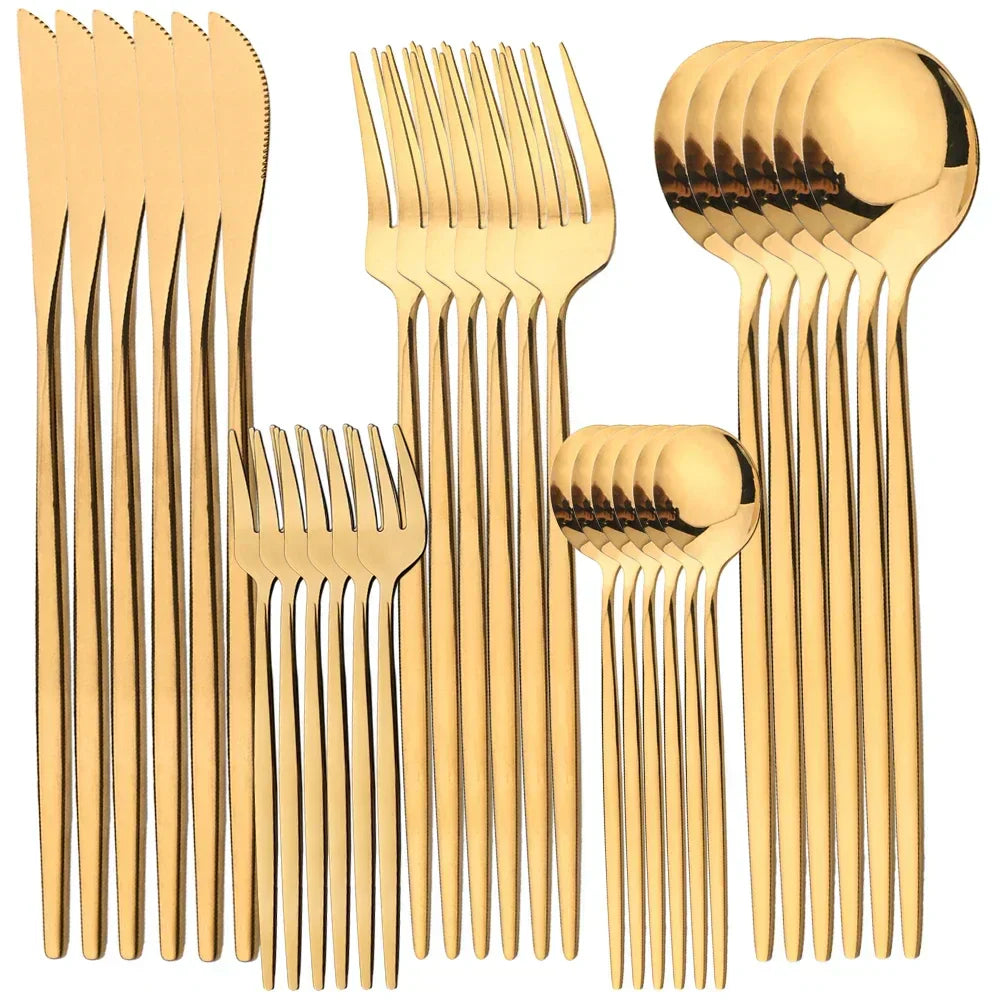 Fitlybuy RoyalMirror gold cutlery set featuring knives, forks, and spoons with an elegant, polished premium finish.