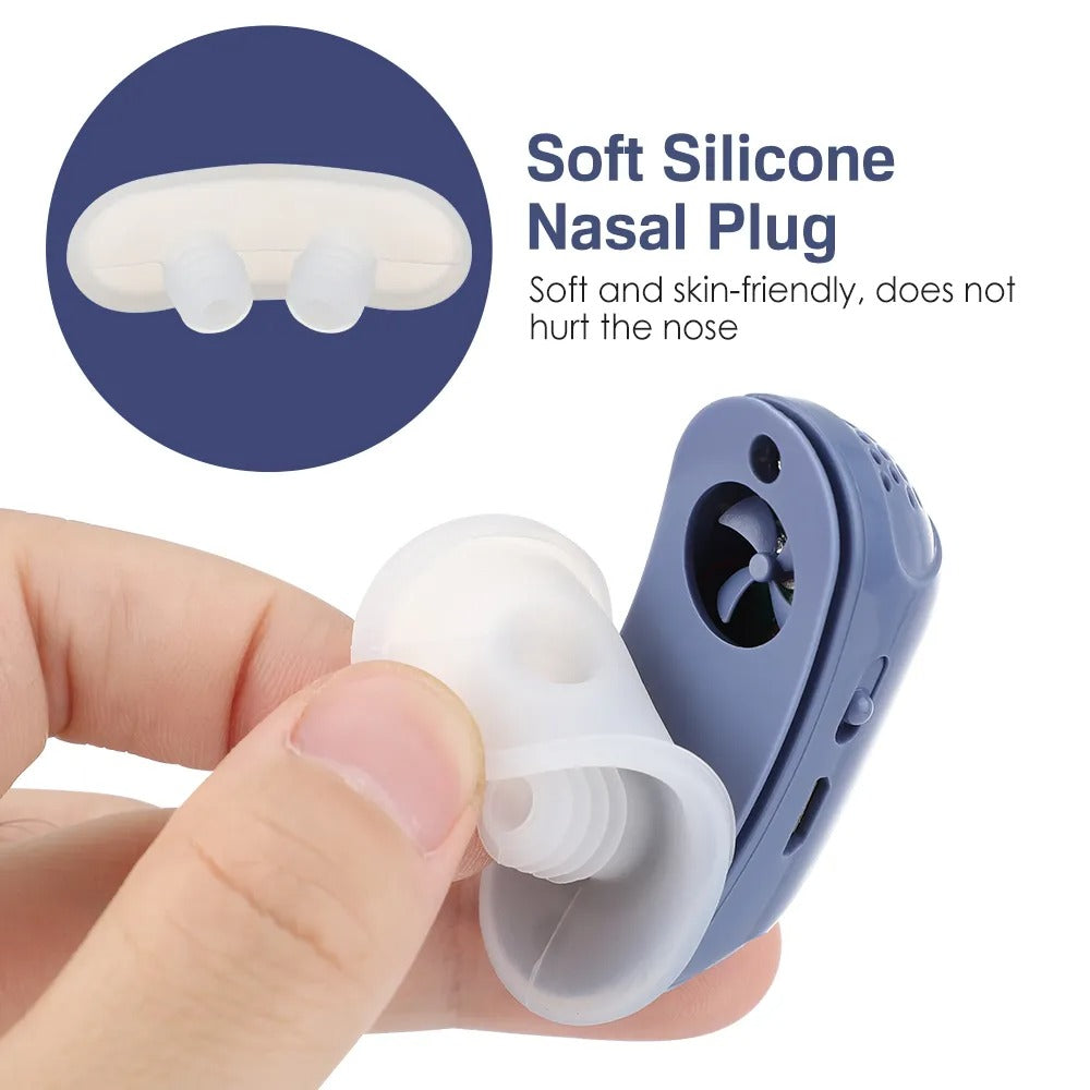 Fitlybuy blue anti-snoring device with soft, detachable white silicone nasal plugs for comfortable airflow.