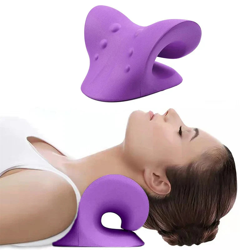 Fitlybuy purple ergonomic cervical spine stretch pillow shown solo and in use, supporting a person’s neck while lying.