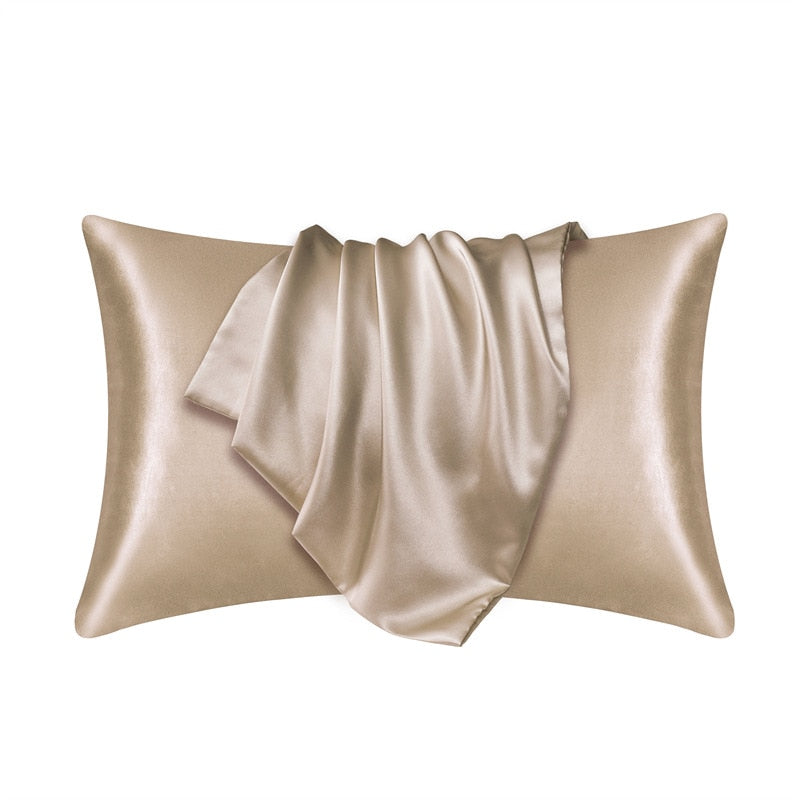 Fitlybuy satin pillowcase in champagne beige with SoftTouch fabric, featuring a smooth, draped finish on a white background.