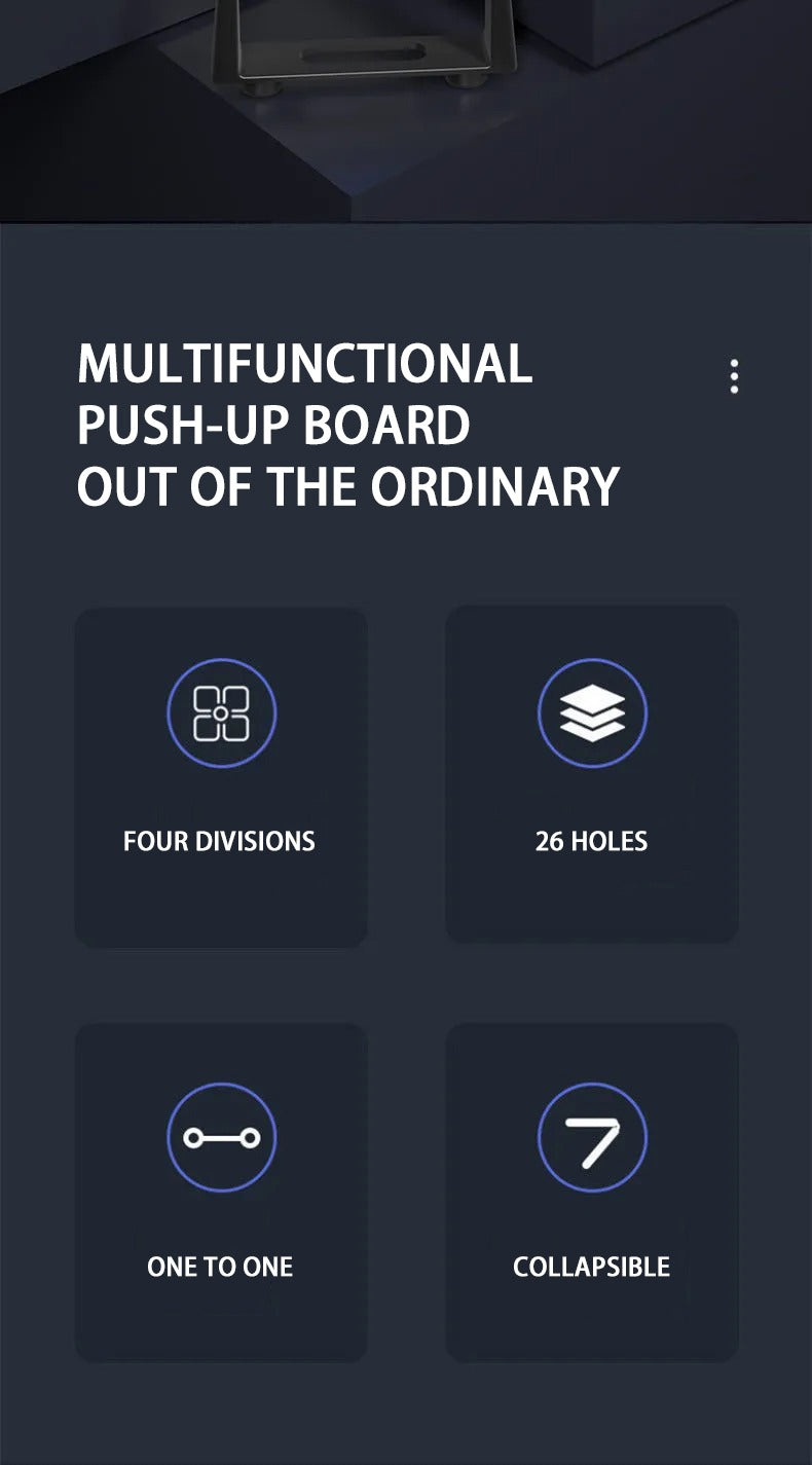 Fitlybuy dark grey folding push-up board infographic showing 4 divisions, 26 holes, and collapsible design features.