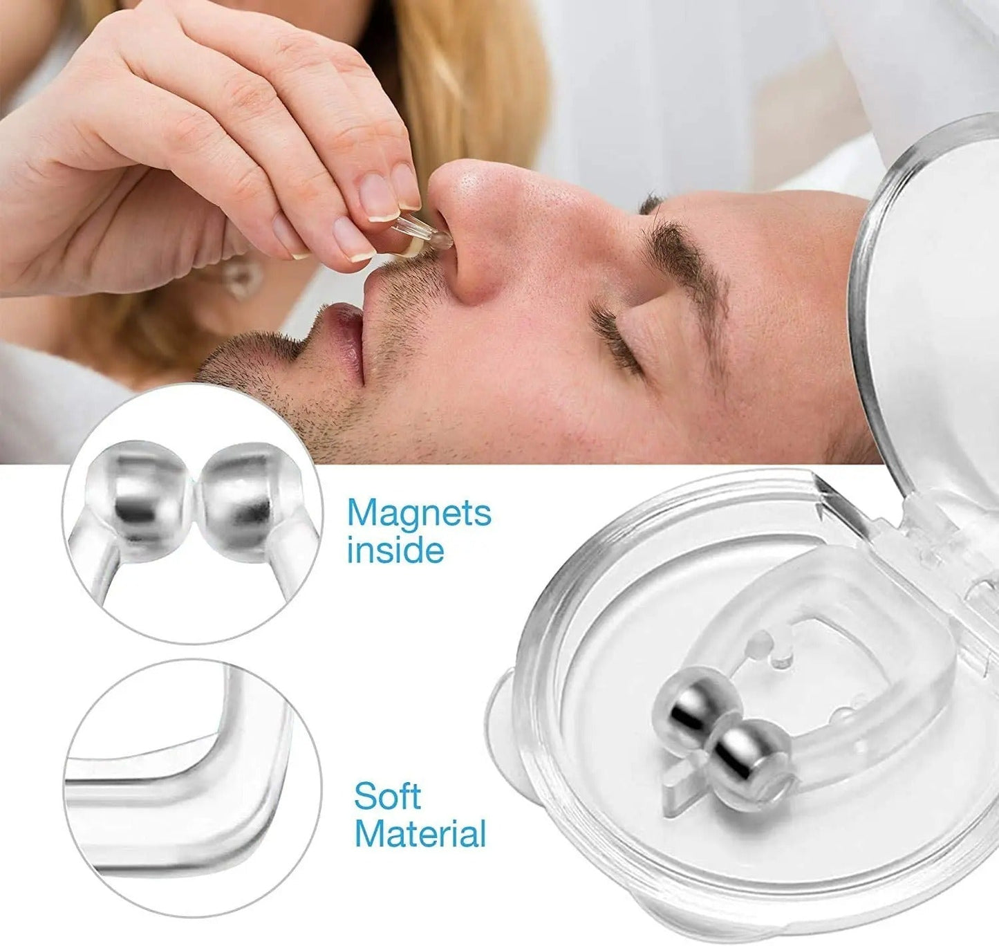 A person applying a clear, soft, magnetic Fitlybuy anti-snoring nose clip to a man sleeping in bed.