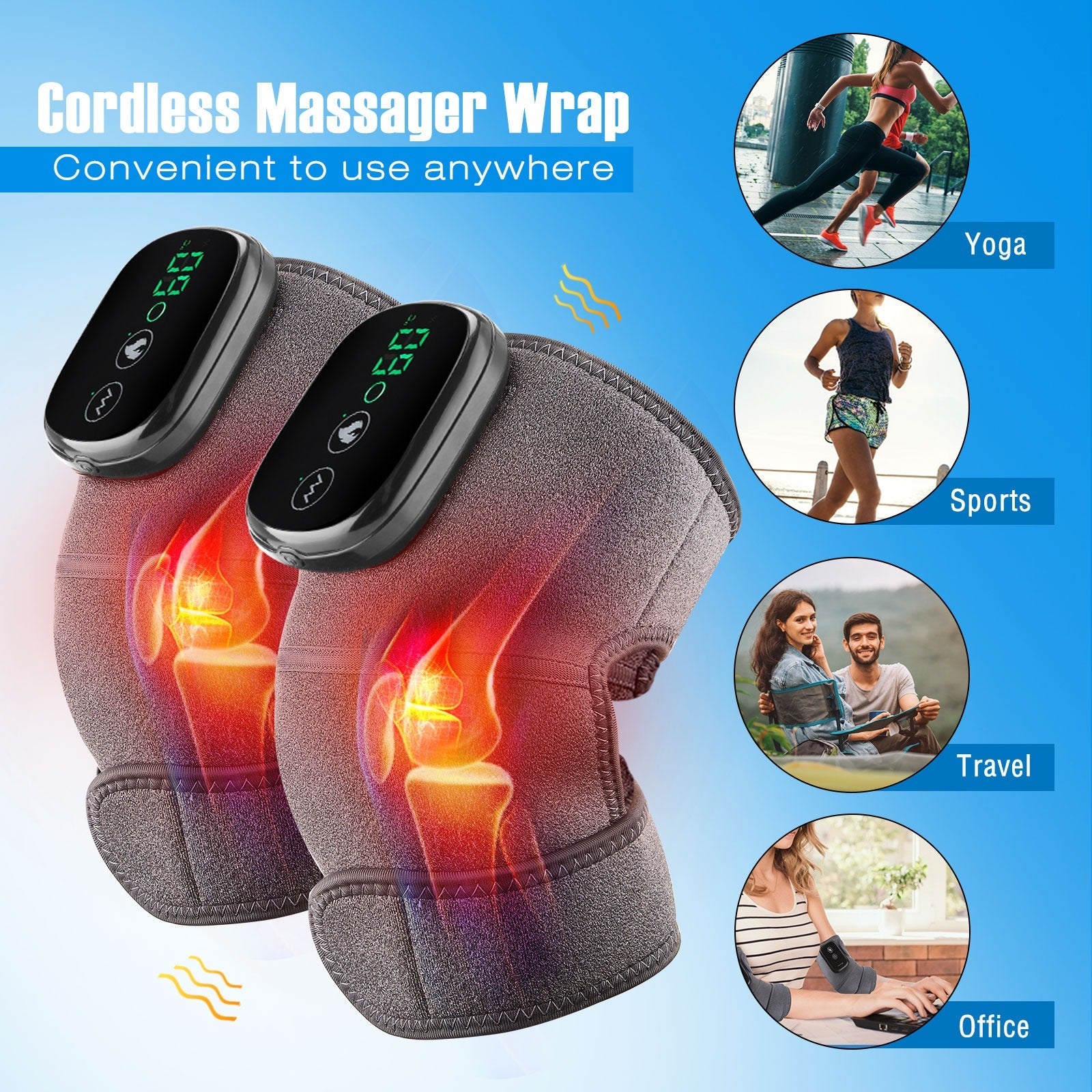Fitlybuy 3-in-1 gray thermal knee massager with digital display, shown in use for fitness, travel, and office settings.