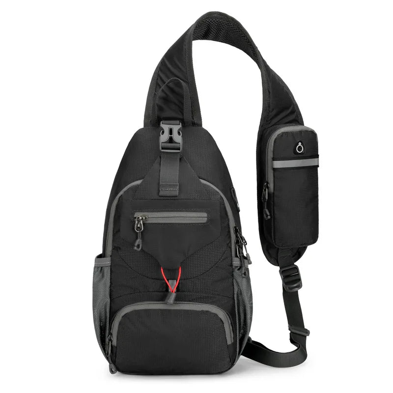 Black anti-theft Fitlybuy shoulder backpack with multiple zip pockets, an adjustable strap, and small side pouch.