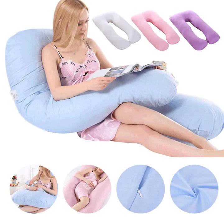 Fitlybuy U-shaped pregnancy pillow in light blue supports a woman reading, with color options and detail close-ups.