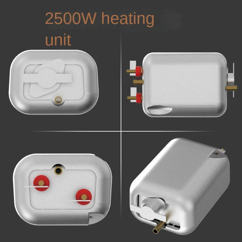 Silver 2500W heating unit for Fitlybuy SteamVolt steam cleaner with brass fittings and red connectors, four-view grid.