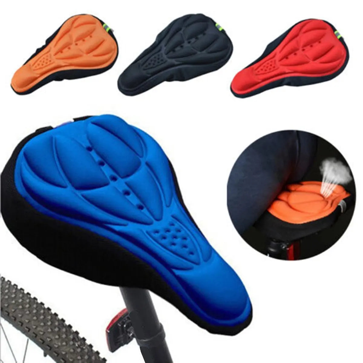 Fitlybuy gel bike seat covers in blue, orange, black, and red, shown on a bike with breathable cushioning technology.