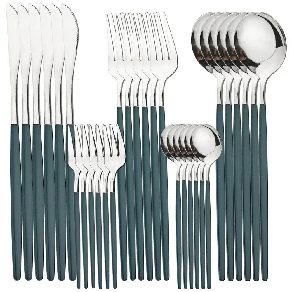 Fitlybuy luxury cutlery set with polished gold finish and elegant teal matte handles, arranged against a white background.