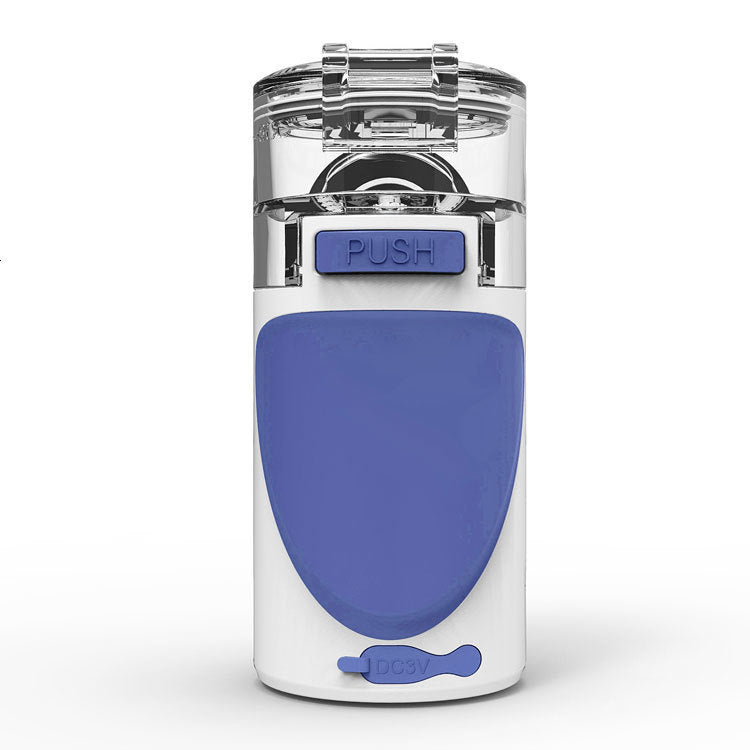Fitlybuy portable white and blue handheld nebulizer with a clear top and "PUSH" button on a white background.