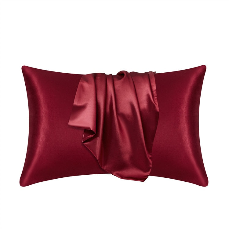 Fitlybuy deep burgundy satin pillowcase featuring SoftTouch fabric with a luxurious, smooth, draped finish.