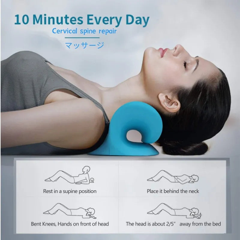 Woman using a blue, ergonomic Fitlybuy cervical spine stretch pillow, shown with illustrated usage instructions.