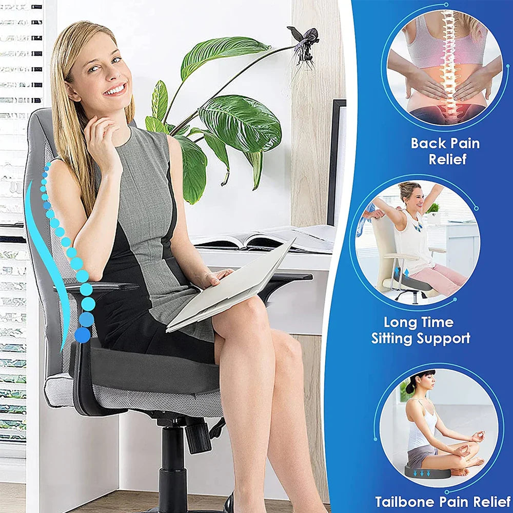 Fitlybuy grey ergonomic orthopaedic seat cushion on an office chair for back, tailbone, and sitting comfort support.