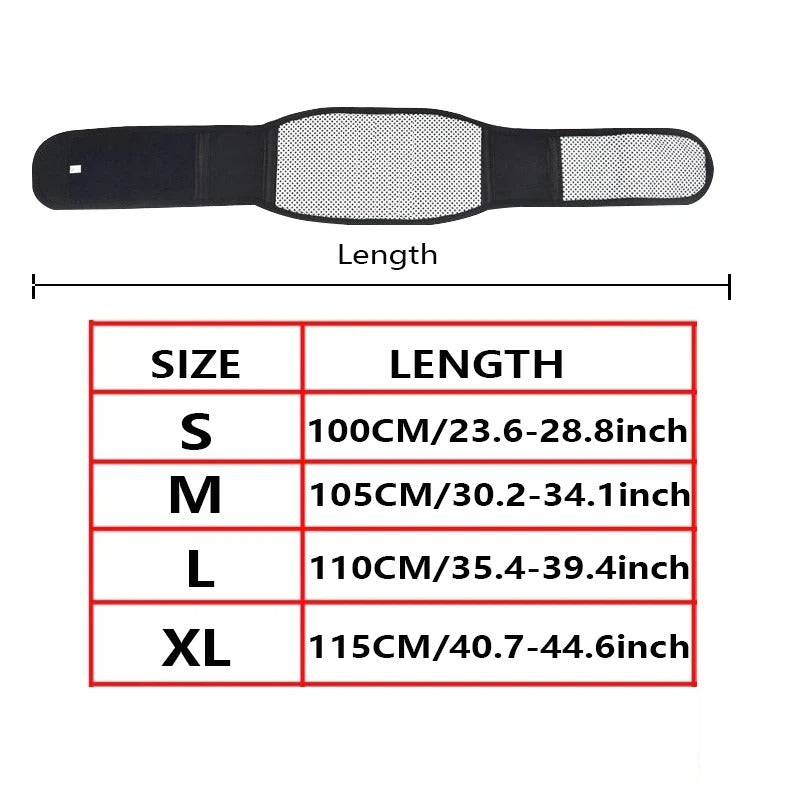 Black Fitlybuy self-heating lumbar waist bandage with mesh padding and a sizing chart for S-XL measurements.
