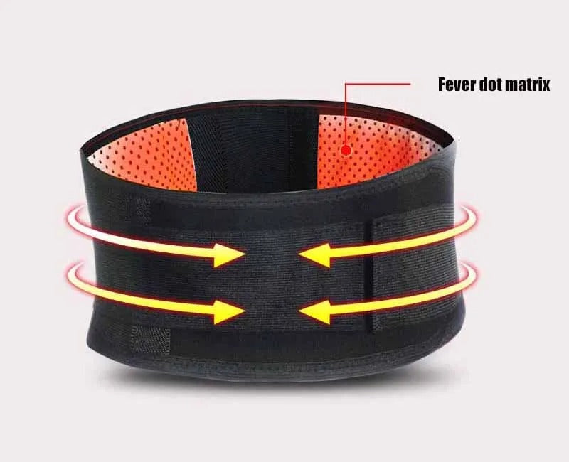 Fitlybuy self-heating lumbar belt with black exterior, orange "fever dot matrix" interior, and supportive straps.