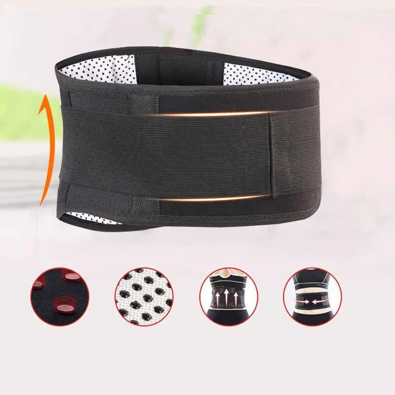 Black Fitlybuy self-heating lumbar bandage with interior dots and diagrams showing support and heat technology.