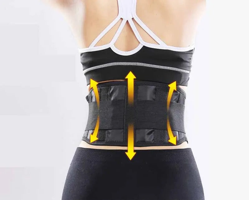 Fitlybuy self-heating black lumbar waist bandage with ThermoFlex technology worn by a woman for back support.